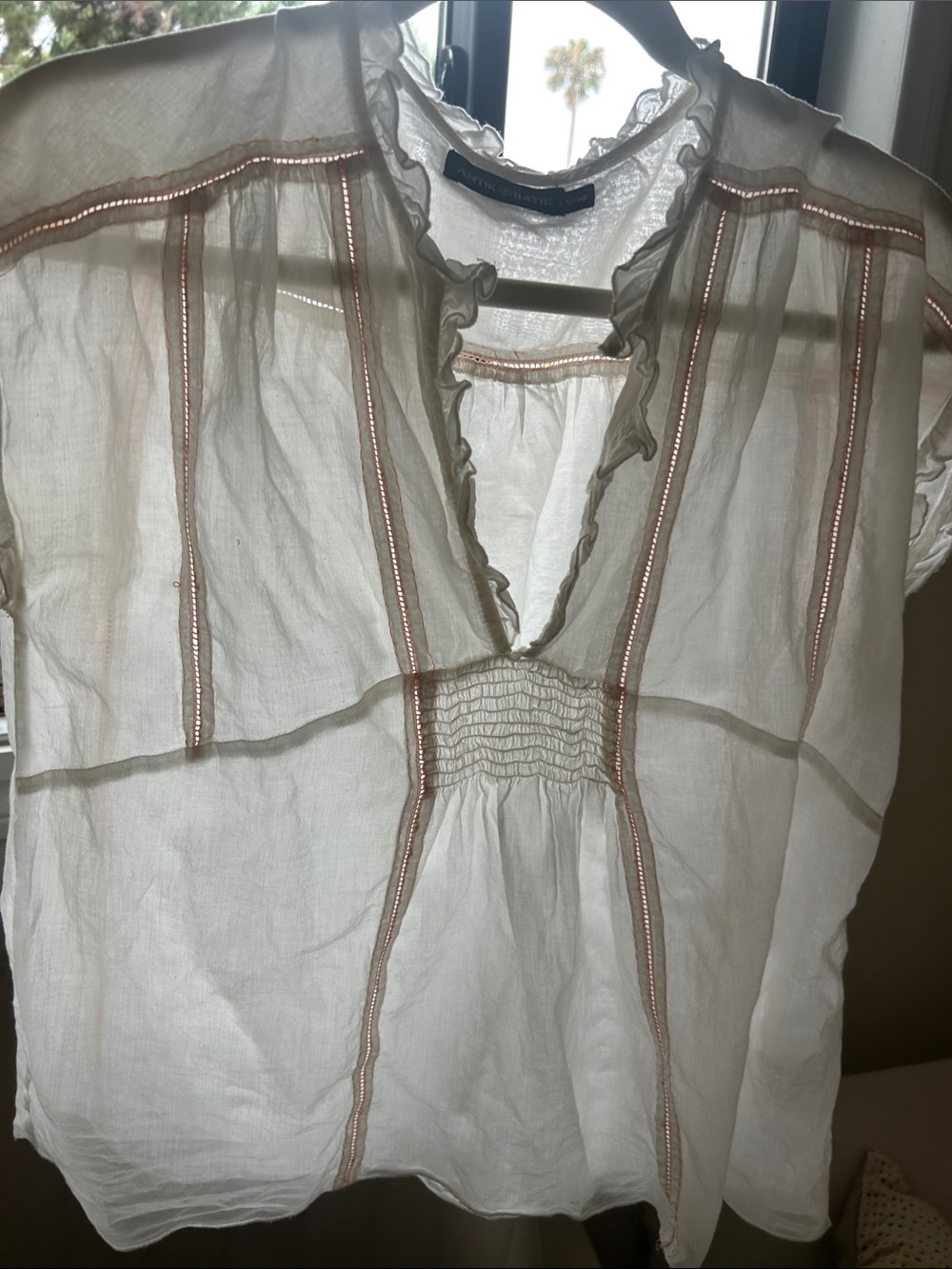 Antik Batik White Cotton Ruffled V-Neck Top with Pale Peach Stitching
